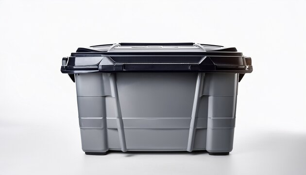 large gray wheeled bin with black lid against a white background