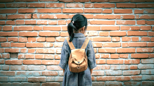 Schoolgirl with Backpack Facing a Brick Wall