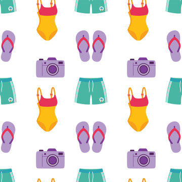beach summer accessories camera seamless pattern
