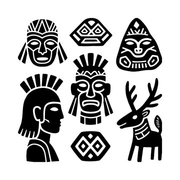 Primitive tribal masks warrior head and deer vector elements