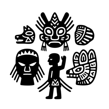 Ancient tribal deity masks and native shaman characters vector set