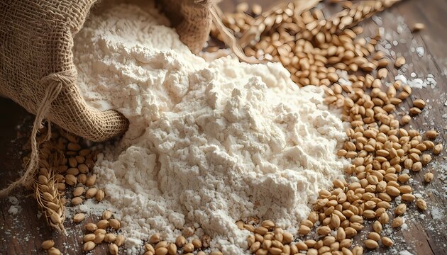 Premium whole wheat flour spilling from a burlap sack, scattered wheat grains, farmhouse style, soft lighting, photorealistic, high detail, Adobe Stock.