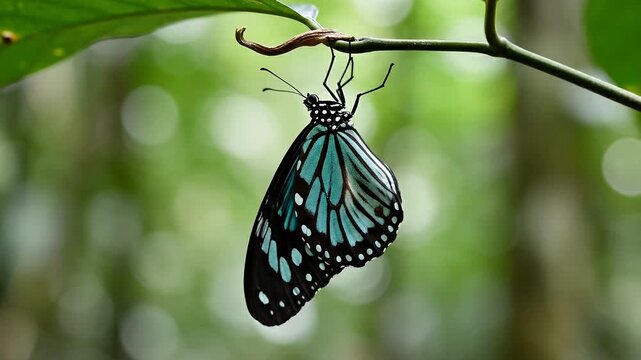 Blue tiger butterfly hanging on a green branch in macro close up