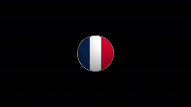 Rotating 3D circular metallic badge with national flag of France on transparent background.