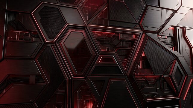 Dark Red and Black Futuristic Geometric Tech Backdrop  dark black red technology geometric abstract modern futuristic background banner brochure flyer poster website landing page