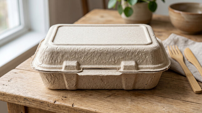 Eco friendly biodegradable sugarcane bagasse food container box on rustic wooden table with wooden cutlery takeout packaging mockup
