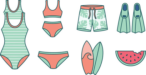 Summer Swimwear Icon Set Swimsuit Bikini Board Shorts Flippers Surfboard Watermelon Beach Vector Illustration Bundle Collection Vacation © MST