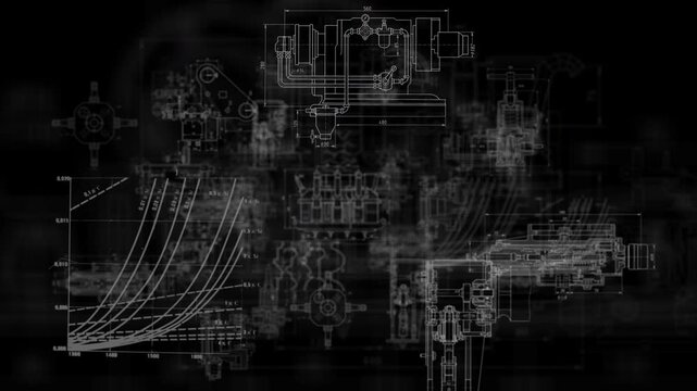 Mechanical engineering blueprint animation with technical drawings and schematics on black background