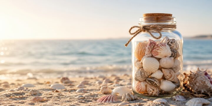 Glass jar filled with seashells on a sandy beach with copy space. Summer vacation, coastal travel, seaside decoration, marine lifestyle and beach holiday concept