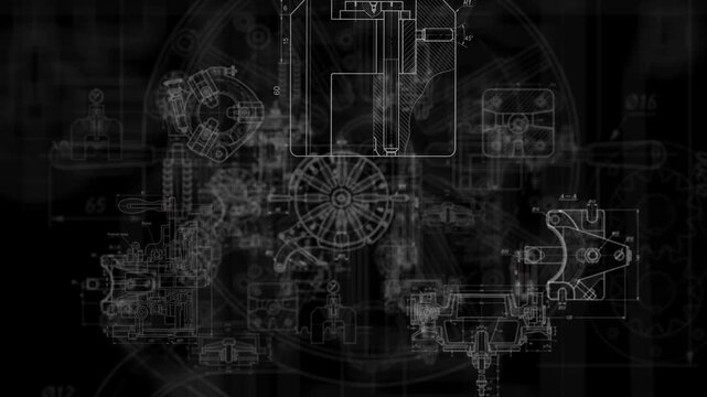 Mechanical engineering blueprints with machine tools, precision measurements and industrial schematics appearing on black background