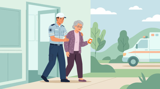 Paramedic Helping Elderly Woman Walk Outside, Ambulance Nearby