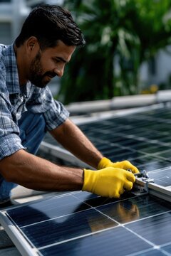 Skilled Technician Installing Solar Panels to Harness Renewable Energy for a Sustainable Future