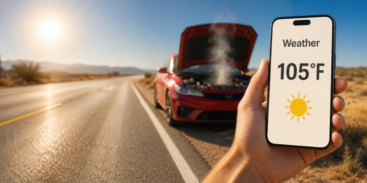 Overheated car engine on a hot summer day with smartphone showing 105&deg;F weather forecast. Vehicle breakdown, roadside emergency, heat wave, high temperature
