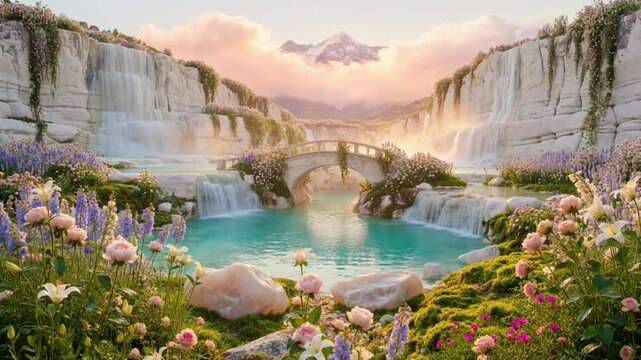 Enchanted Fantasy Garden with Sparkling Waterfalls and Elegant Bridge in a Magical Mountain Valley
