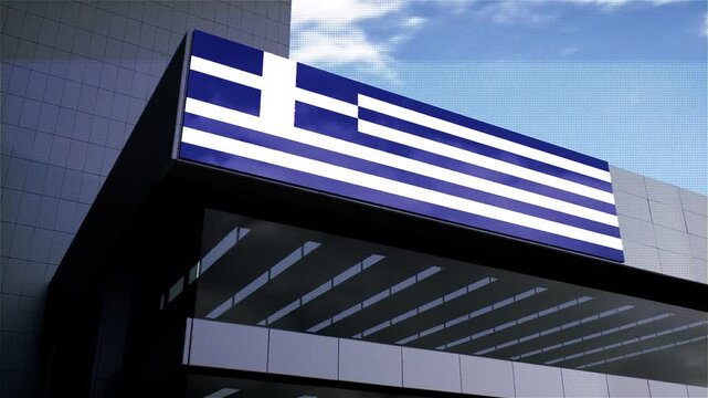 Greece Flag on Building with Sky in Background
