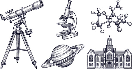 Vintage Science Icon Set Telescope Microscope Molecule Saturn Planet University Building Engraving Hand Drawn Sketch Vector Illustration Bundle © MST