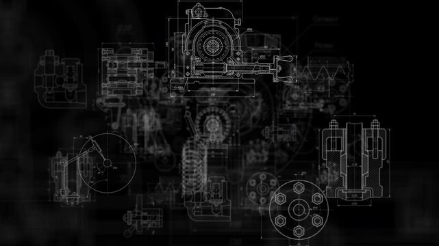 Lathe machine engineering blueprints with technical drawings, measurements and schematics animated on black background
