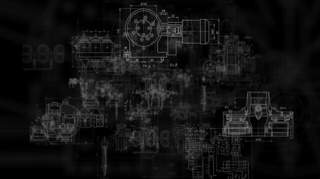 Electrical engineering blueprint animation with transformer and power line schematics on black background