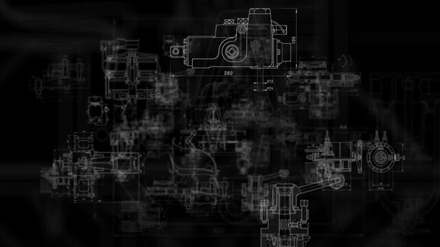 Animated mechanical engineering drawings, technical diagrams and industrial schematics appearing on black background