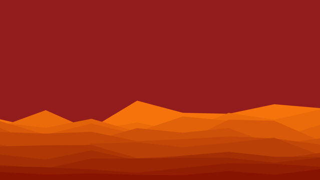 Abstract geometric landscape with minimalist orange and red mountains under a warm sky, evoking a stylized desert vista