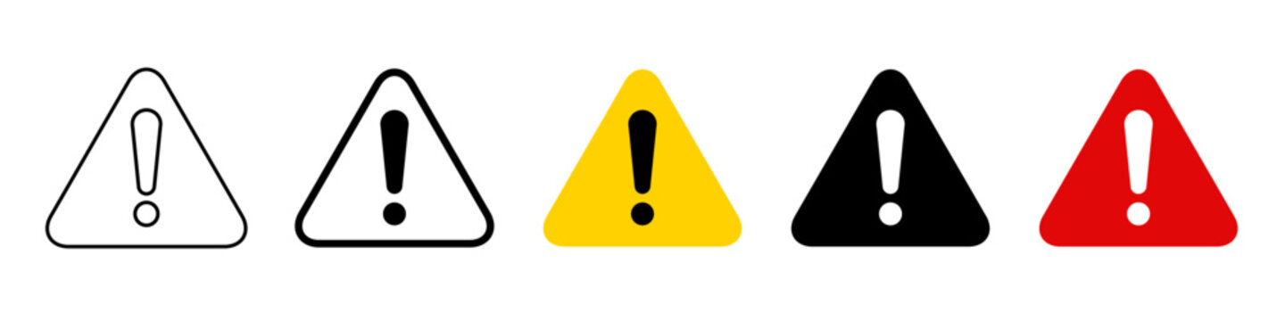 Warning triangle danger icon set, precaution mark in red black yellow colors