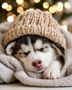 Cute sleeping siberian husky puppy wrapped in warm knitted hat and scarf