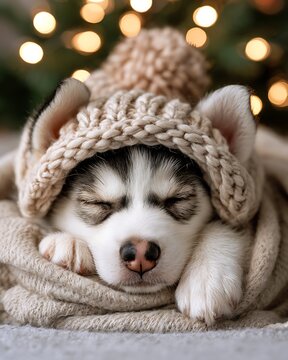 Cute sleeping siberian husky puppy wrapped in warm knitted hat and scarf