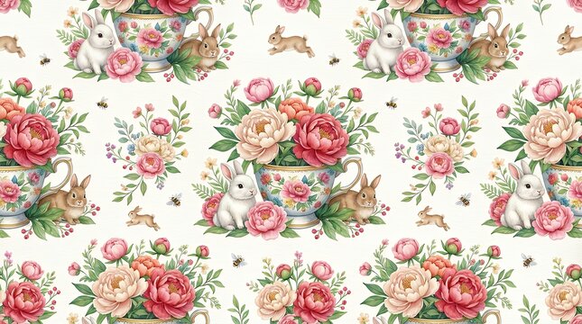Floral Watercolor Pattern Featuring Rabbit and Peony Motifs in Teacup Design  Watercolor floral pattern rabbit peony porcelain teacup flower leaves animal hare Easter cake egg spring