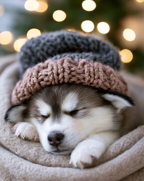 Cute sleeping siberian husky puppy wrapped in warm knitted hat and scarf