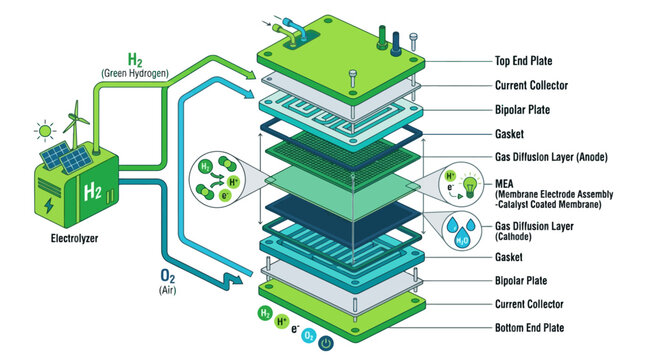 Hydrogen fuel cell stack diagram showing electrolysis and energy production process. EPS Editable
