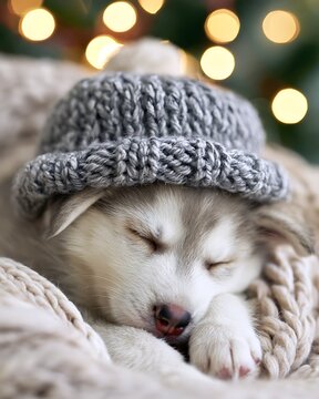 Cute sleeping siberian husky puppy wrapped in warm knitted hat and scarf