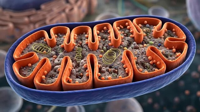 Mitochondrion, fundamental cellular organelle responsible for aerobic respiration, showing complex internal structure with numerous cristae, illustrating metabolic energy generation mechanism.