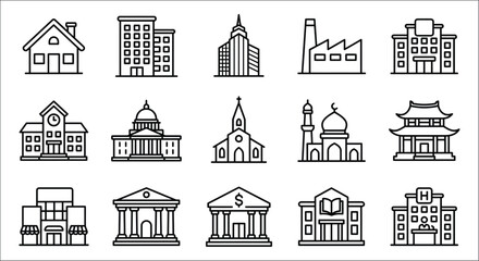 Fototapeta premium Building Icons Collection Line Art Style On White Background architecture structures edifice residence skyscraper tower