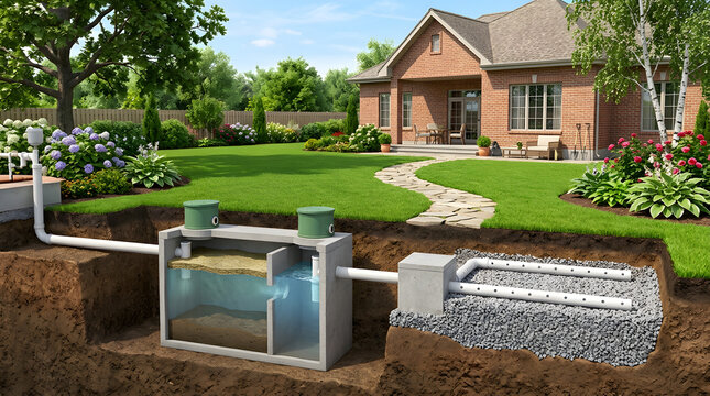 Residential septic system installation cross-section | Underground septic tank and leach field diagram | Home wastewater treatment system backyard illustration | Modern septic tank design