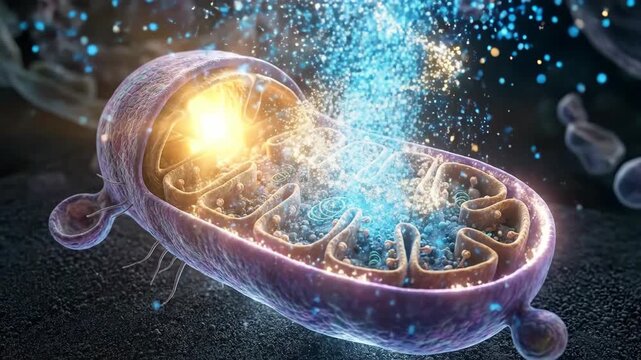 Mitochondrion dynamically releases vibrant energy particle, generating a pulsating glow inside its intricate inner membrane fold, representing essential metabolic function.