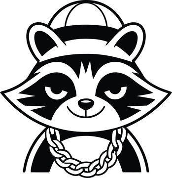 Cool urban raccoon character wearing backwards baseball cap and gold chain with streetwear character illustration wildlife attitude confident expression portrait silhouette minimalist