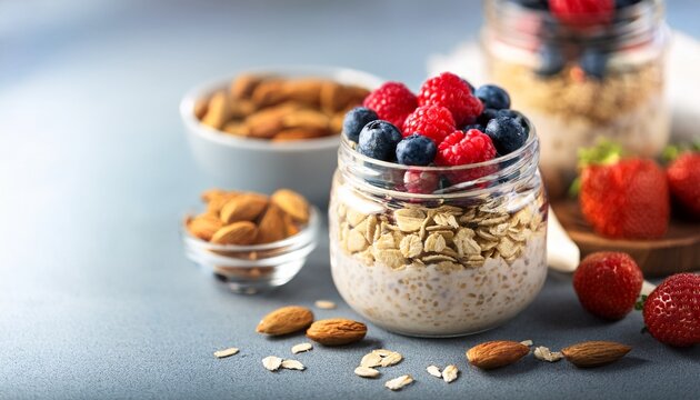 mixed berries overnight oats with almond flakes in a glass jar healthy breakfast