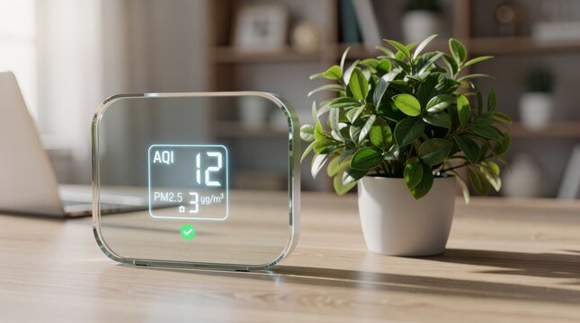 Air Quality Monitor Displaying Low PM2.5 Levels Near Potted Plant