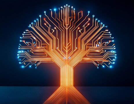 circuit board tree with glowing orange and blue branches