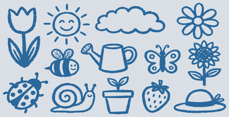 A charming collection of hand-drawn blue line art icons representing spring and garden themes on a light blue background. © Riki