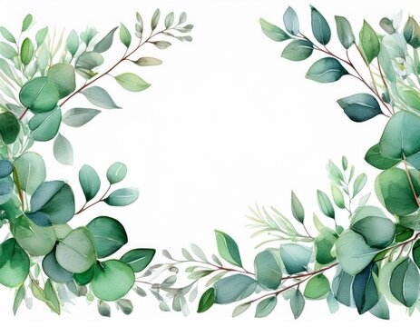 captivating watercolor border frame with eucalyptus twigs isolated against white background