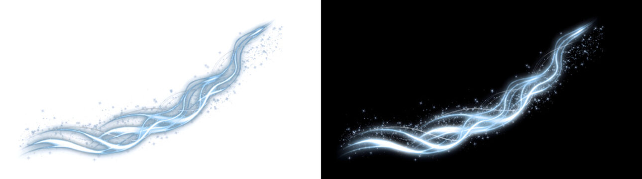 Sparkling blue magic light swirl trail glows upward gracefully in PNG, Transparent and Black Background Versions for design