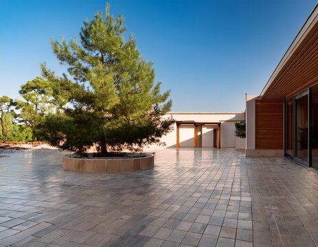 relaxation area next to a house features large porcelain tiles and pine trees casting shadows