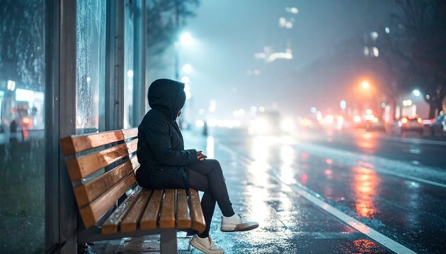 Woman waits with rainy night.