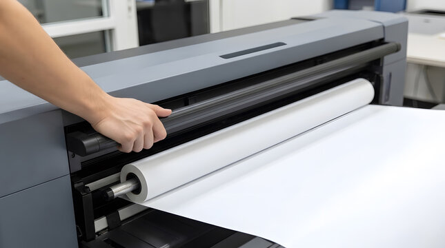 Operator Hand Loading Large Paper Roll into Digital Ploter Printer | Preparing Wide Format Printing Machine with New Media Roll | Professional Print Shop Technician Installing White Vinyl Roll 