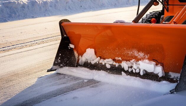 orange plow blade angled pushing rolling compressing snow off a street in soft warm daylight