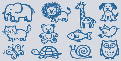 A charming collection of hand-drawn animal illustrations in a simple blue line art style. © Riki