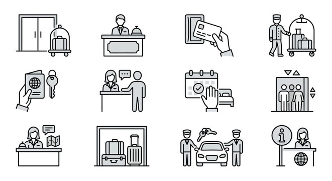 Hotel guest check-in and valet parking icons.
