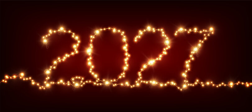 2027 Happy New Year concept with glowing golden garlands in continuous one line style. Christmas and Chinese New Year decor. Card concept with red dark ambient background. Vector illustration