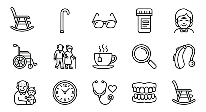 Assorted senior care icons line style on a white background depicting health and assistance accessibility